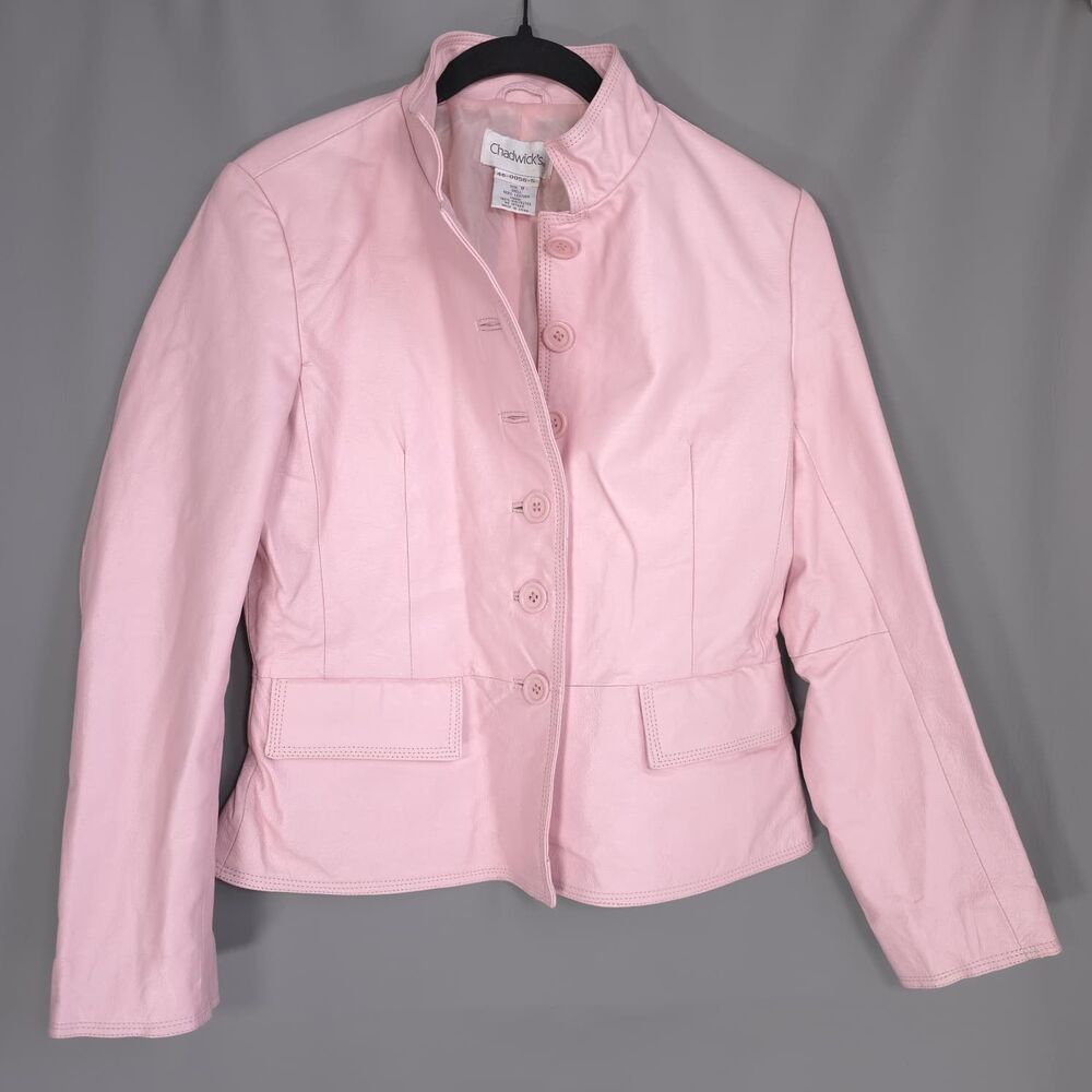 CHADWICKS Pink Jacket 100% LEATHER Women's 8 Peplum Button Front Fitted Chic